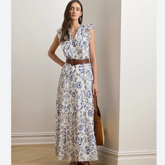NWT Lauren Ralph Lauren Floral Cotton Voile Tiered Maxi Dress, blue & white sz 2 - Picture 3 of 8